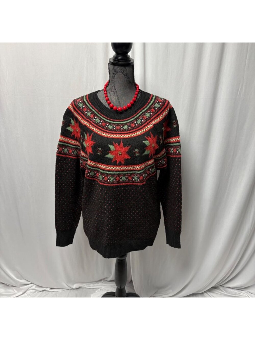 Holiday Time Sweater Womens Size Large Black Fair Isle Poinsettia Christmas